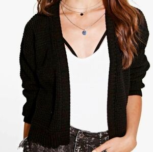 Boohoo (Size S/M) Black "Maria" Waffle Knit LS Open Front Cardigan (NEW-NWT)